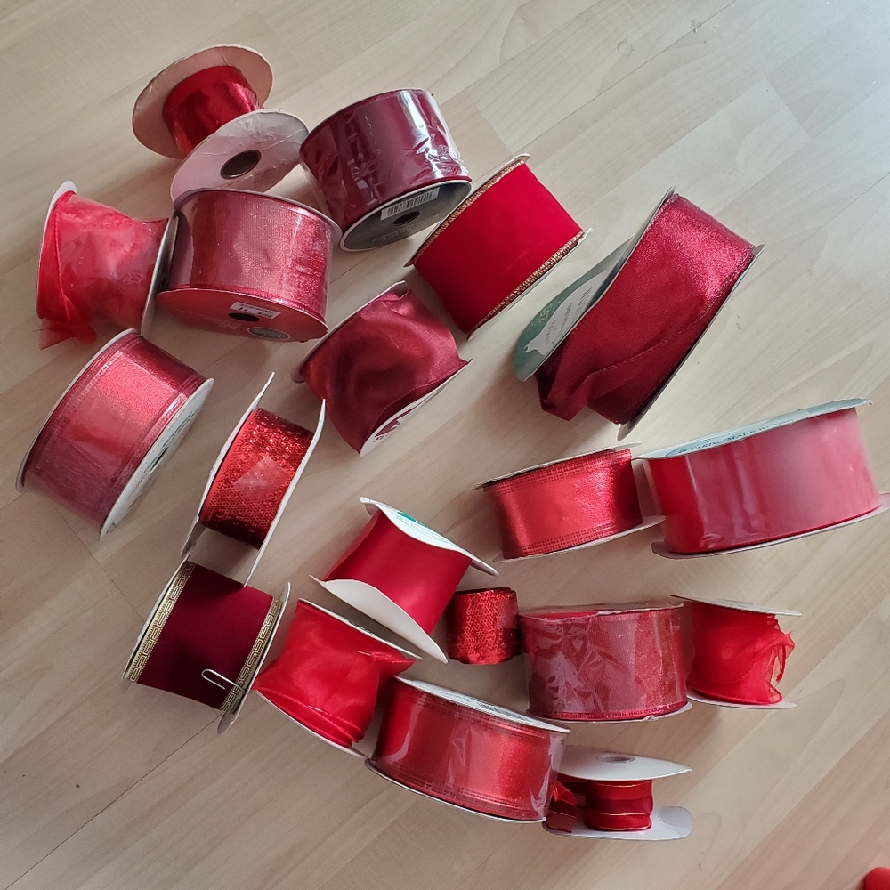 Red Ribbon Bundle Lot, Types Metallic, Sheer, Satin, Velvet Gift Wrapping - Picture 2 of 12